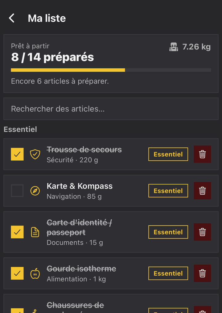 Cochez le matériel au poids