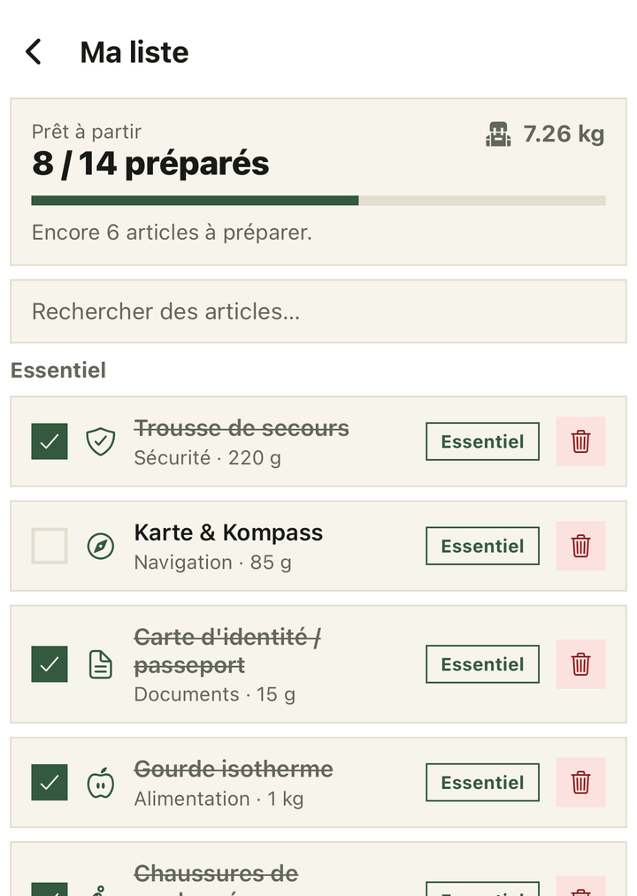 Cochez le matériel au poids